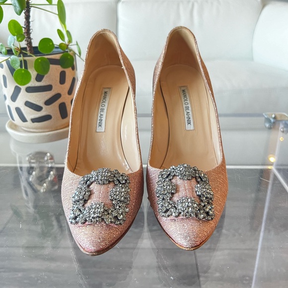 MANOLO BLAHNIK HANGISI PINK GLITTER TEXTILE STILETTO HEELS WITH CRYSTALS - Picture 3 of 10